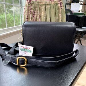 Vtg STRADA Small Black Leather Organizer Crossbody Purse Bag